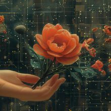 a painterly effect of a hand golding a flower with digital circuts coming out of the flower.