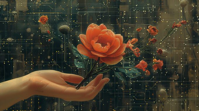 a painterly effect of a hand golding a flower with digital circuts coming out of the flower.