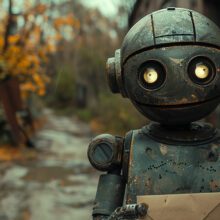 a friendly metallic robot holding a letter