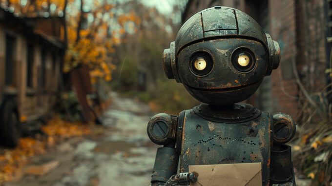 a friendly metallic robot holding a letter