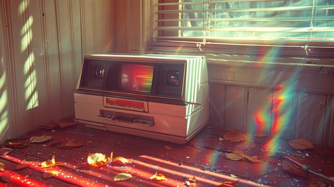 35mm film still of a Polaroid Instamatic camera spitting out rainbows --style raw --ar 16:9