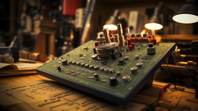 a circuit board device on a workbench table
