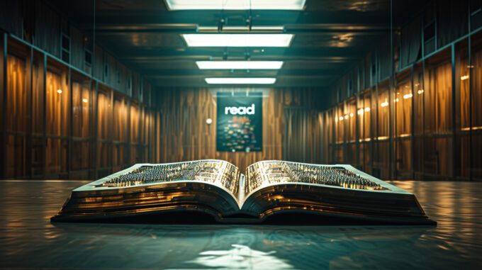 a book opened on a table. the book is made up of circuits in a deep room with a poster in the back of the room that says "read"