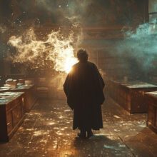 Cinestill 800T film still medium long shot of a wizard standing in a 1980s high school classroom waving a wand and magic spewing forth.