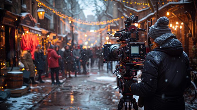 a film crew on a dark, wet street in a city at night. Filming actors on an outdoor set --ar 16:9 --s 750