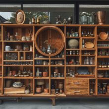 a piece of furniture with hundreds of compartments and items like vases and plants in them