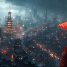 a dark city with twinkling lights on a rainy hazy evening.