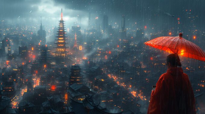 a dark city with twinkling lights on a rainy hazy evening.