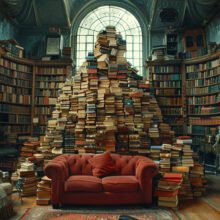 a tower of books inside a tall library room of books filling the walls