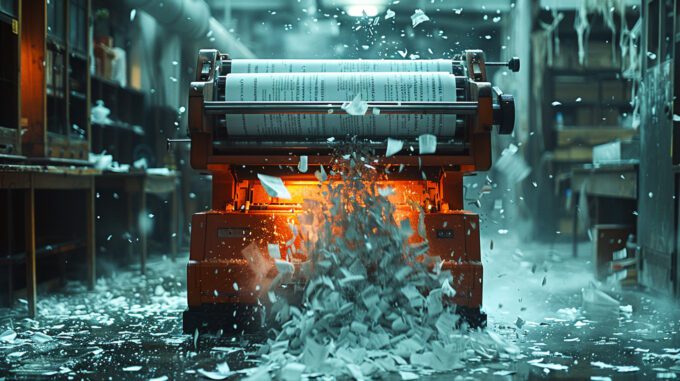 a ticker tape machine spitting out a long strand of paper that has text on it. The machine is sitting in an empty room. 35mm film still. dramatic lighting. desaturated color. --ar 16:9 --style raw --s 750