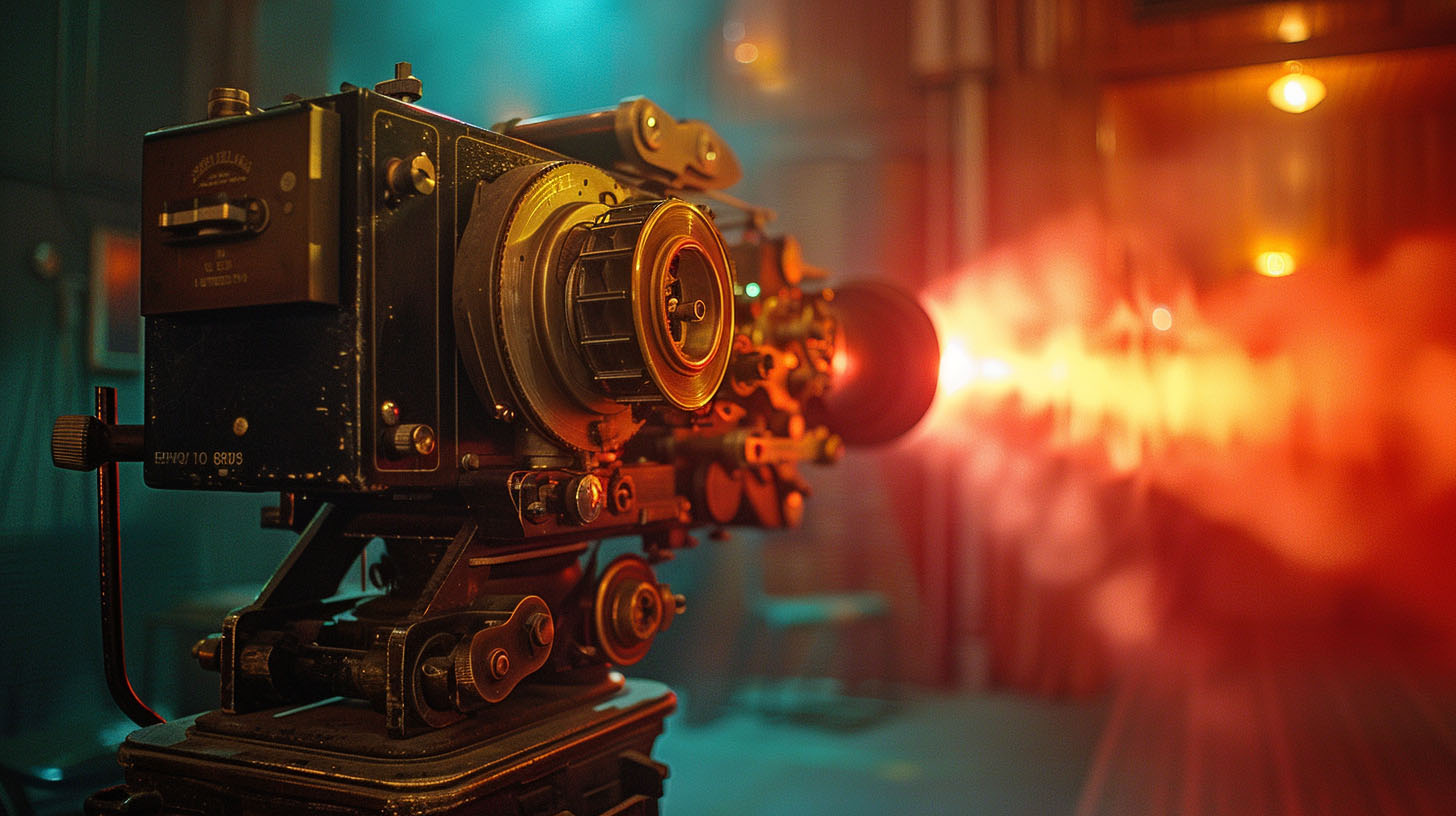 close up cinestill 800t film still of a a filmstrip in an old film projector. warm color palette