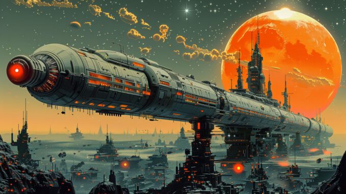 a 70s sci-fi styled poster of a retro looking city on an alien planet with an orange moon rising in the background