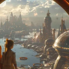 a futuristic city in the background and two white girls look into the horizon with hope