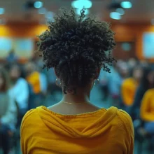 a black woman college student presenting to a classroom of students